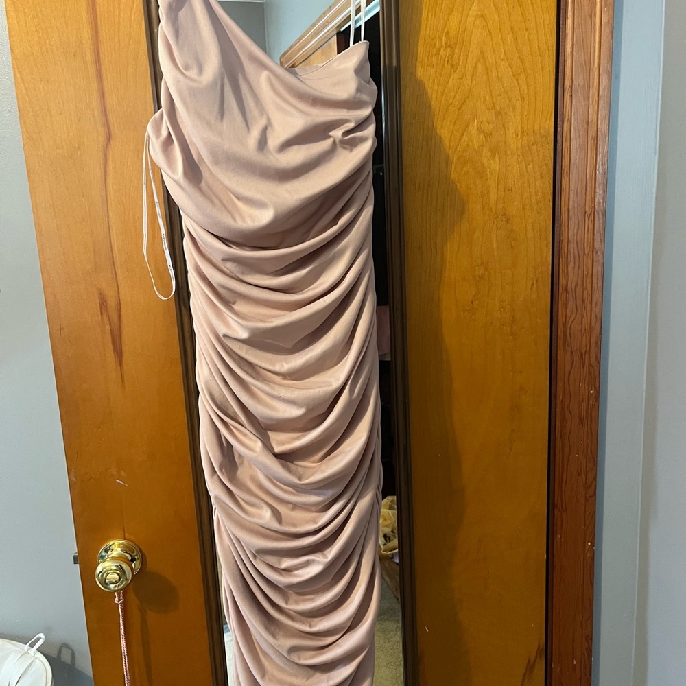 Bill Levkoff Cream One Shoulder Ruched Gown